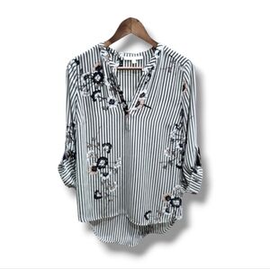 Floral Striped 3/4 Length Roll-Tab Sleeve Blouse by Black Rainn | Medium